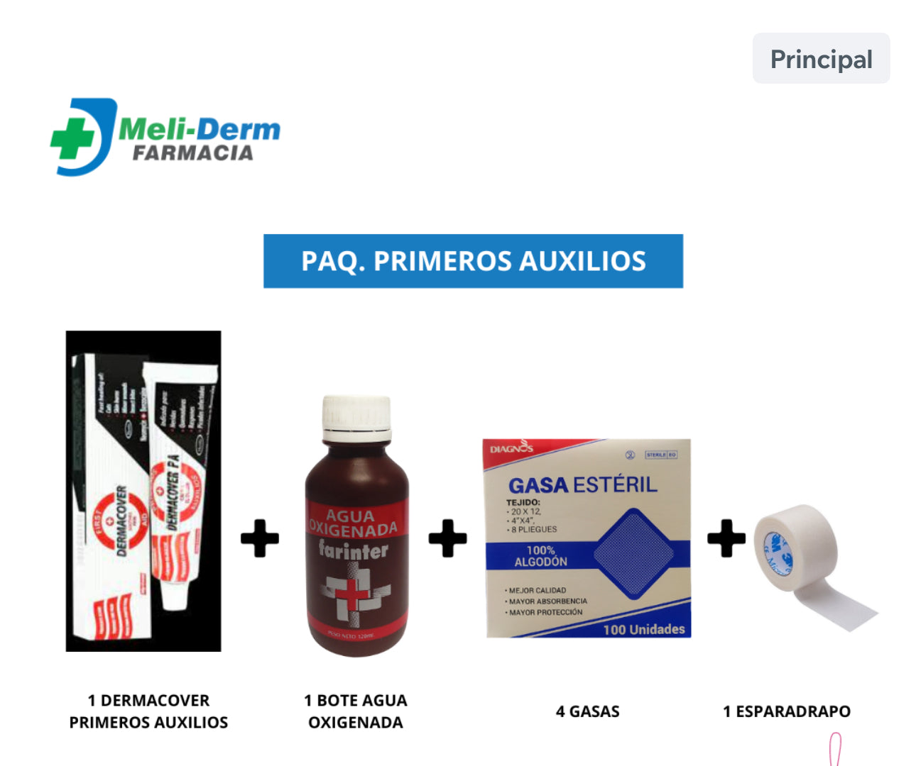 PAQ. PRIMEROS AUXILIOS (DERMACOVER+1 AGUA OXIGENADA+4 GASAS+1 ESPARADRAPO )