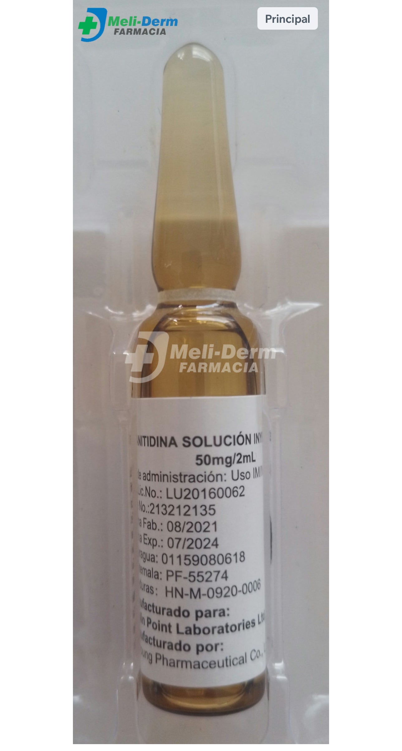RANITIDINA 50MG/ 2ML X 1 AMPOLLA INYECTABLE